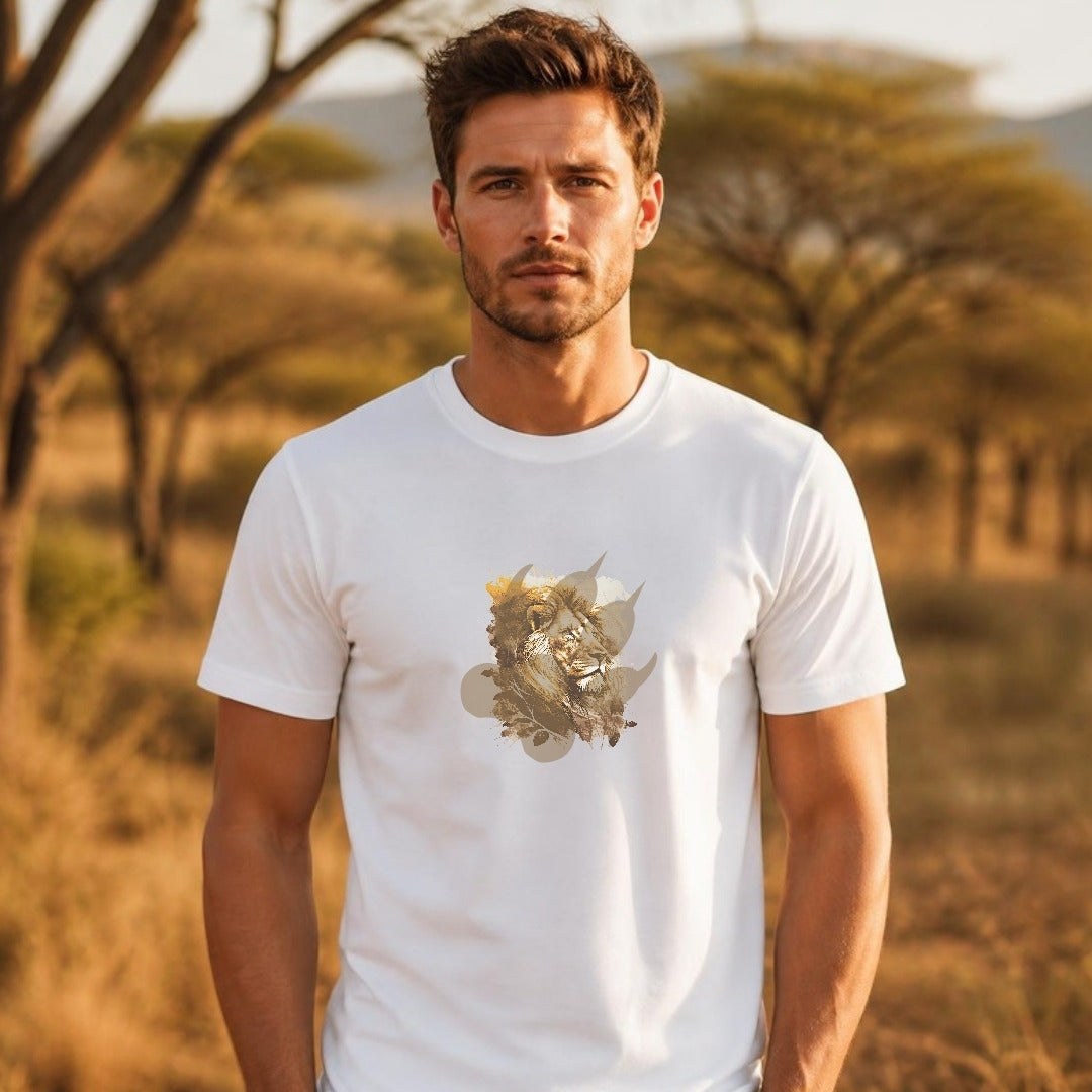 Man wearing the Spoor Lion safari graphic tee in the South African bushveld
