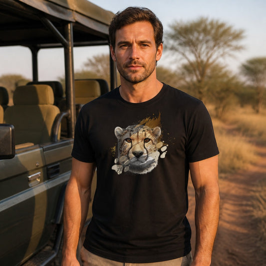 Man wearing the Cheetah Sprint tee beside a safari game-drive vehicle - 12 Seconds Apparel