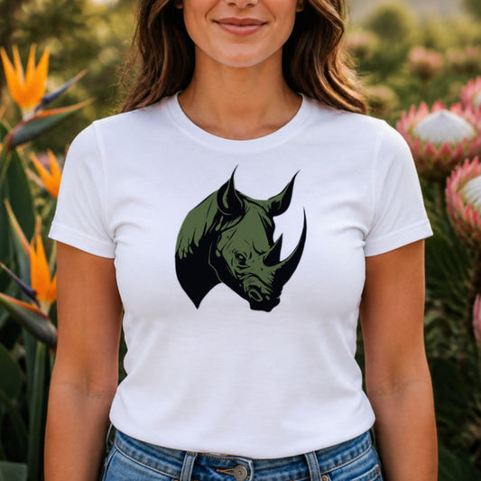 Woman wearing the Black Ink Rhino tee in a fynbos garden - 12 Seconds Apparel