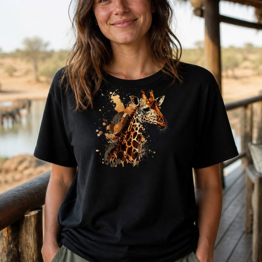 Woman wearing the Giraffe safari tee on a safari lodge deck - 12 Seconds Apparel