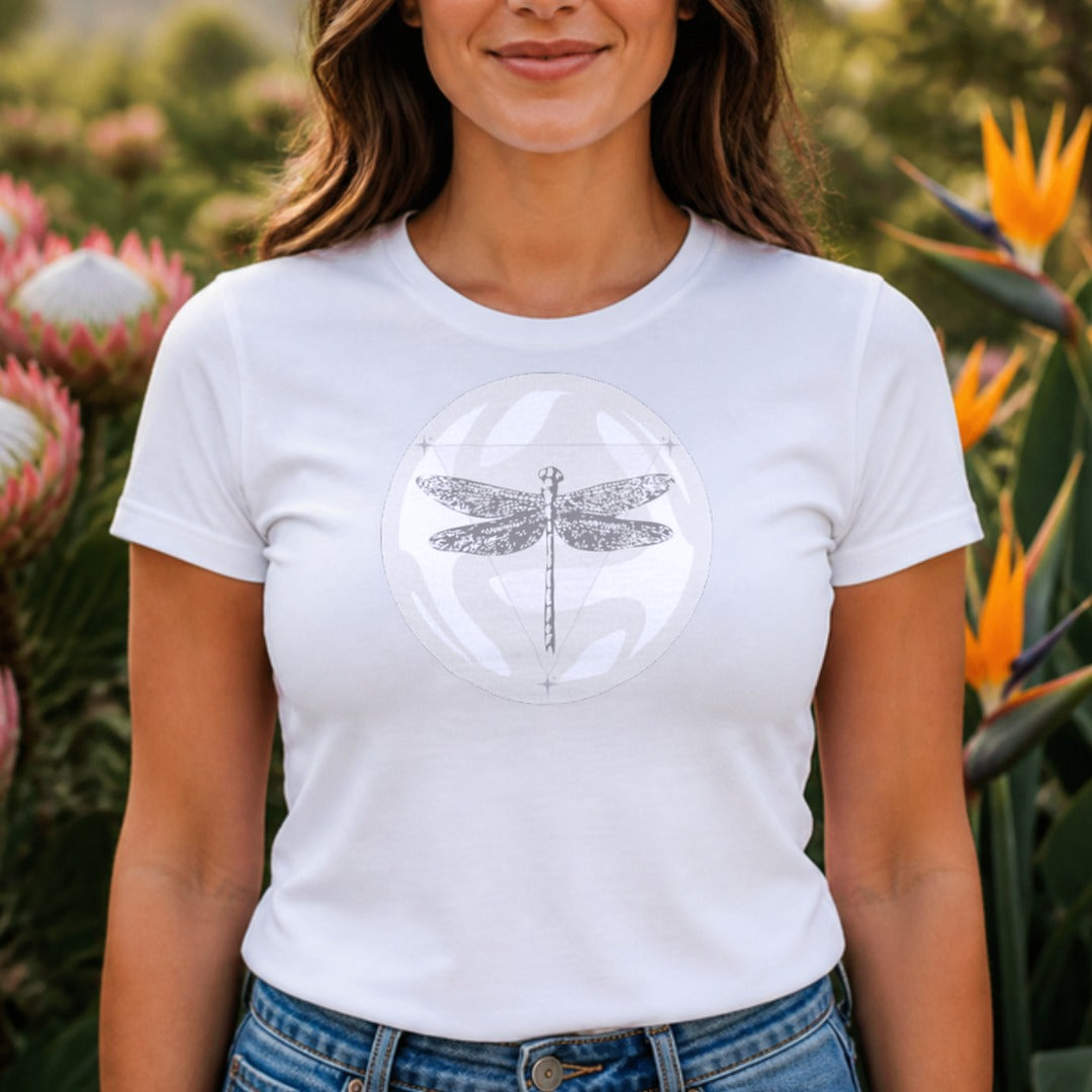 Woman wearing the Dragonfly tee in a fynbos garden - 12 Seconds Apparel