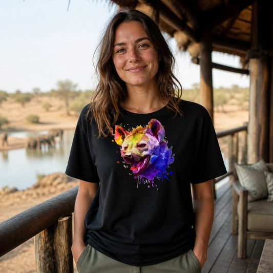 Woman wearing the Hyena tee on a safari lodge deck - 12 Seconds Apparel